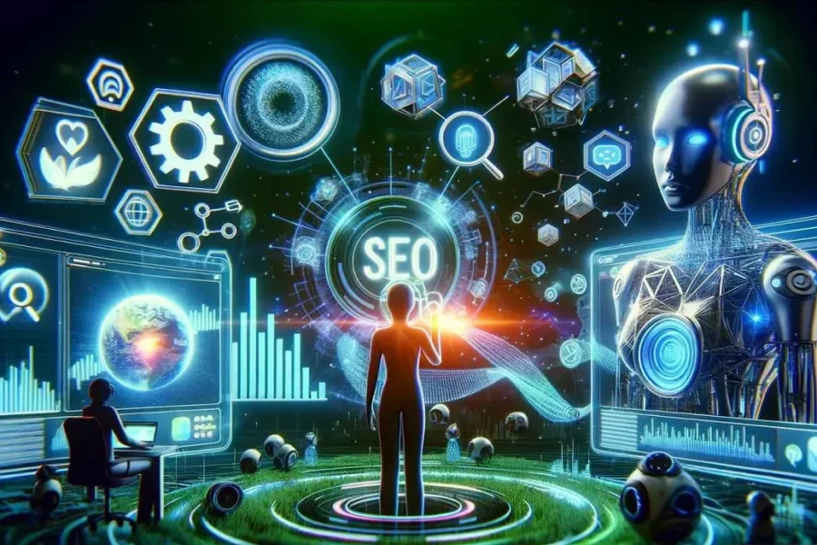 l’avenir du SEO dans le marketing digital pour 2024, avec un focus sur l’essor de l’IA, l’importance accrue de l’E-E-A-T (Expertise, Expérience, Autorité, Fiabilité), la recherche vocale, l’optimisation pour les appareils mobiles, et les Core Web Vitals pour une meilleure expérience utilisateur.