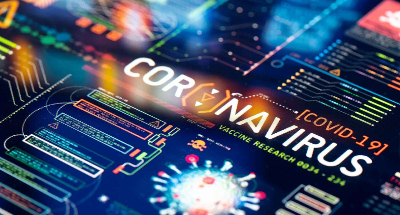 l'innovation dans un monde post-COVID-19, montrant des solutions technologiques, le travail à distance et le commerce numérique en pleine croissance.