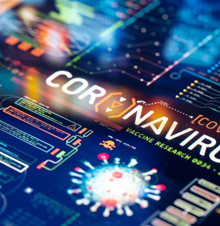 l'innovation dans un monde post-COVID-19, montrant des solutions technologiques, le travail à distance et le commerce numérique en pleine croissance.