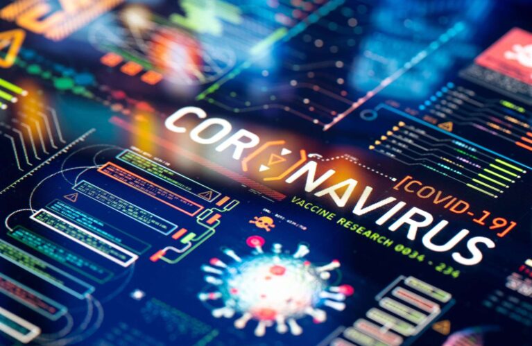 l'innovation dans un monde post-COVID-19, montrant des solutions technologiques, le travail à distance et le commerce numérique en pleine croissance.