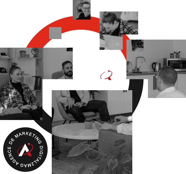 Un collage de photos en noir et blanc montre des personnes travaillant et discutant dans un bureau. Des éléments graphiques rouges et noirs accentuent l'image, avec un logo circulaire indiquant Agence de Communication Digitale et Création Site web AZMAX en bas à gauche.