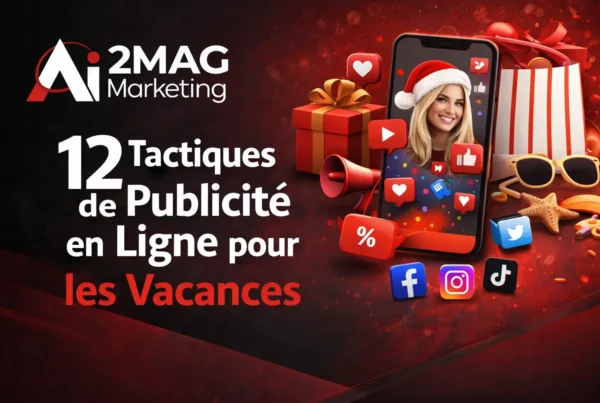 Visuel marketing noir et rouge de 2MAG Marketing illustrant les 12 tactiques de publicité en ligne pour les vacances avec smartphone, influenceuse, icônes réseaux sociaux et éléments promotionnels festifs.