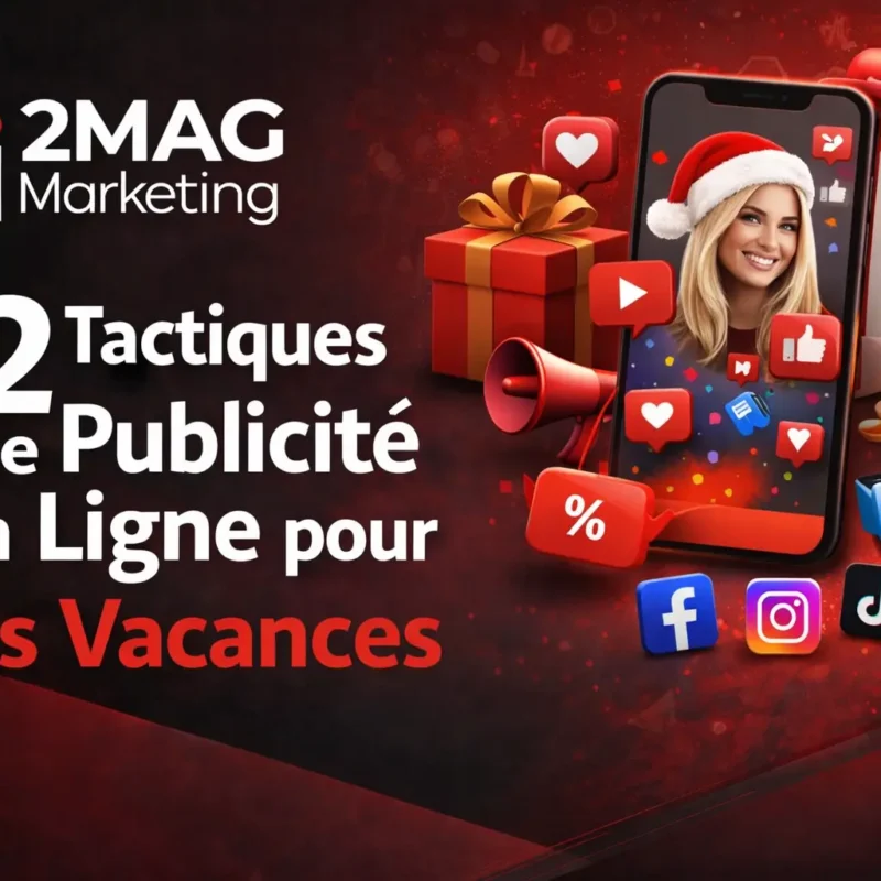 Visuel marketing noir et rouge de 2MAG Marketing illustrant les 12 tactiques de publicité en ligne pour les vacances avec smartphone, influenceuse, icônes réseaux sociaux et éléments promotionnels festifs.