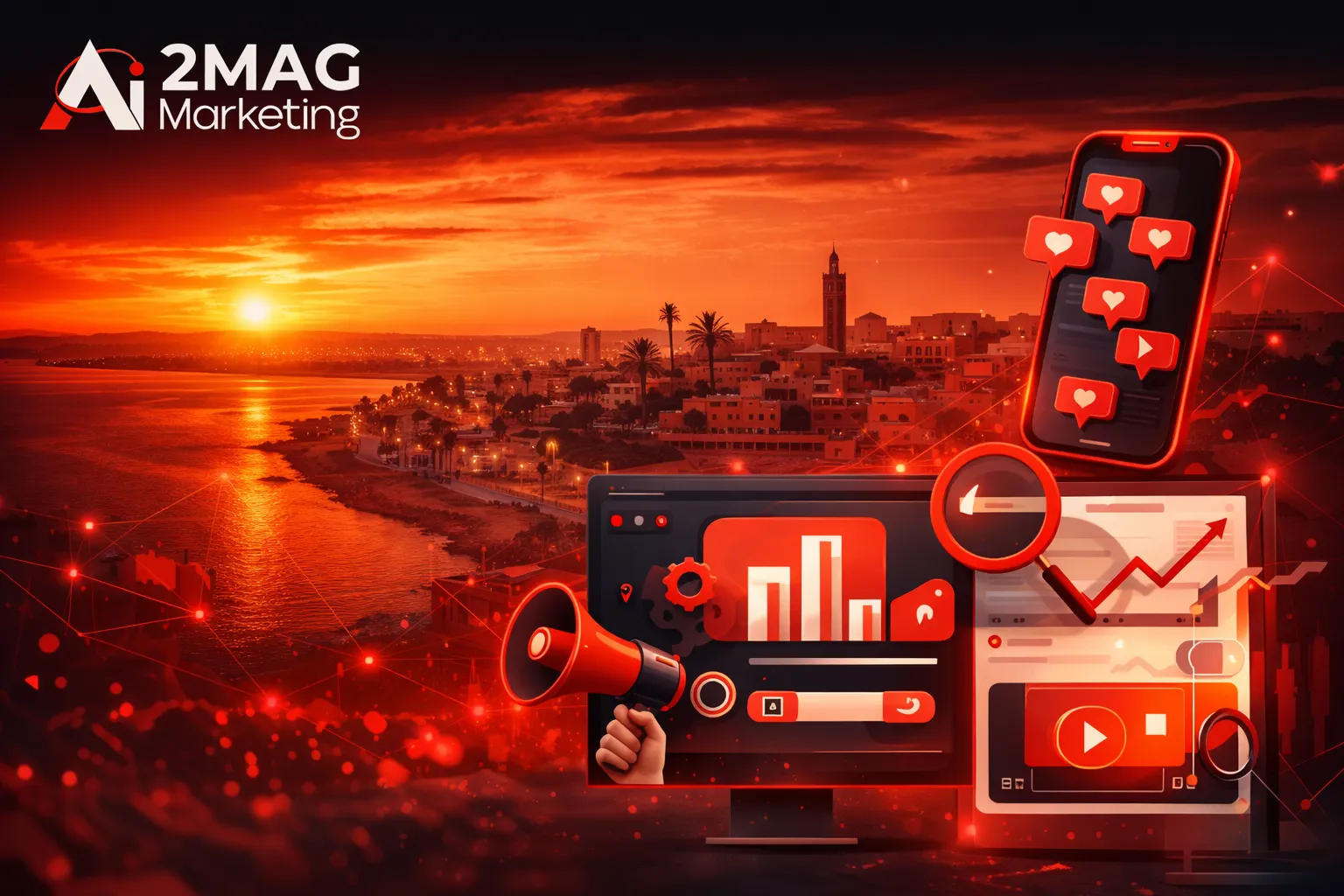Infographie présentant les services d’une agence de communication digitale à Dakhla : SEO, branding, production photo/vidéo, marketing digital, réseaux sociaux, développement web et influence marketing avec 2MAG