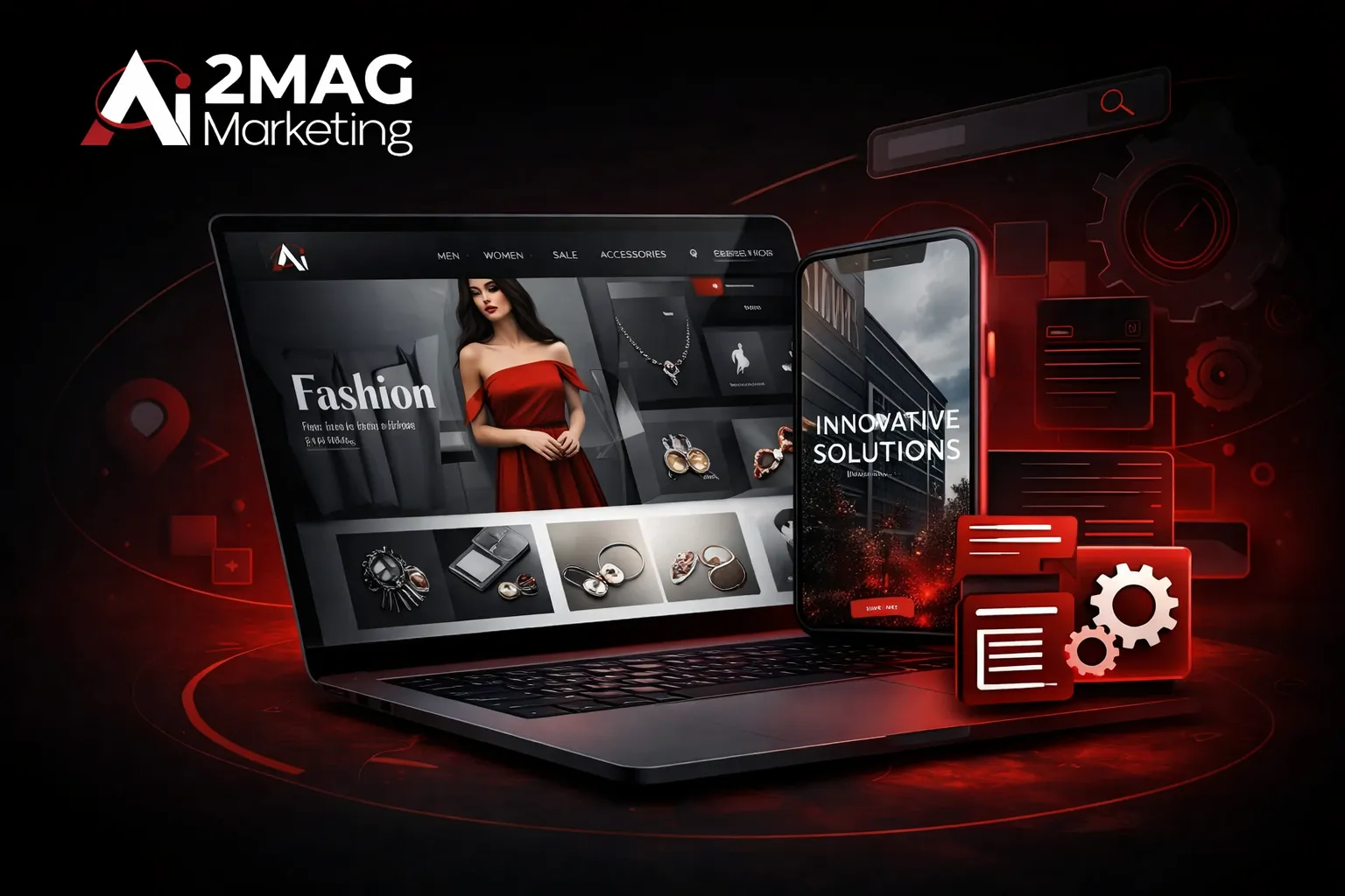 Modern responsive website interface with coding elements, UI design, and web development tools displayed on multiple devices