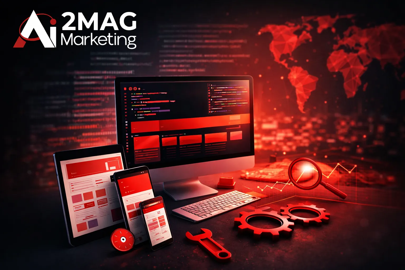 Infographie présentant une agence marketing digital à Casablanca : stratégie digitale, SEO, publicité en ligne, analyse de données, KPI et génération de leads