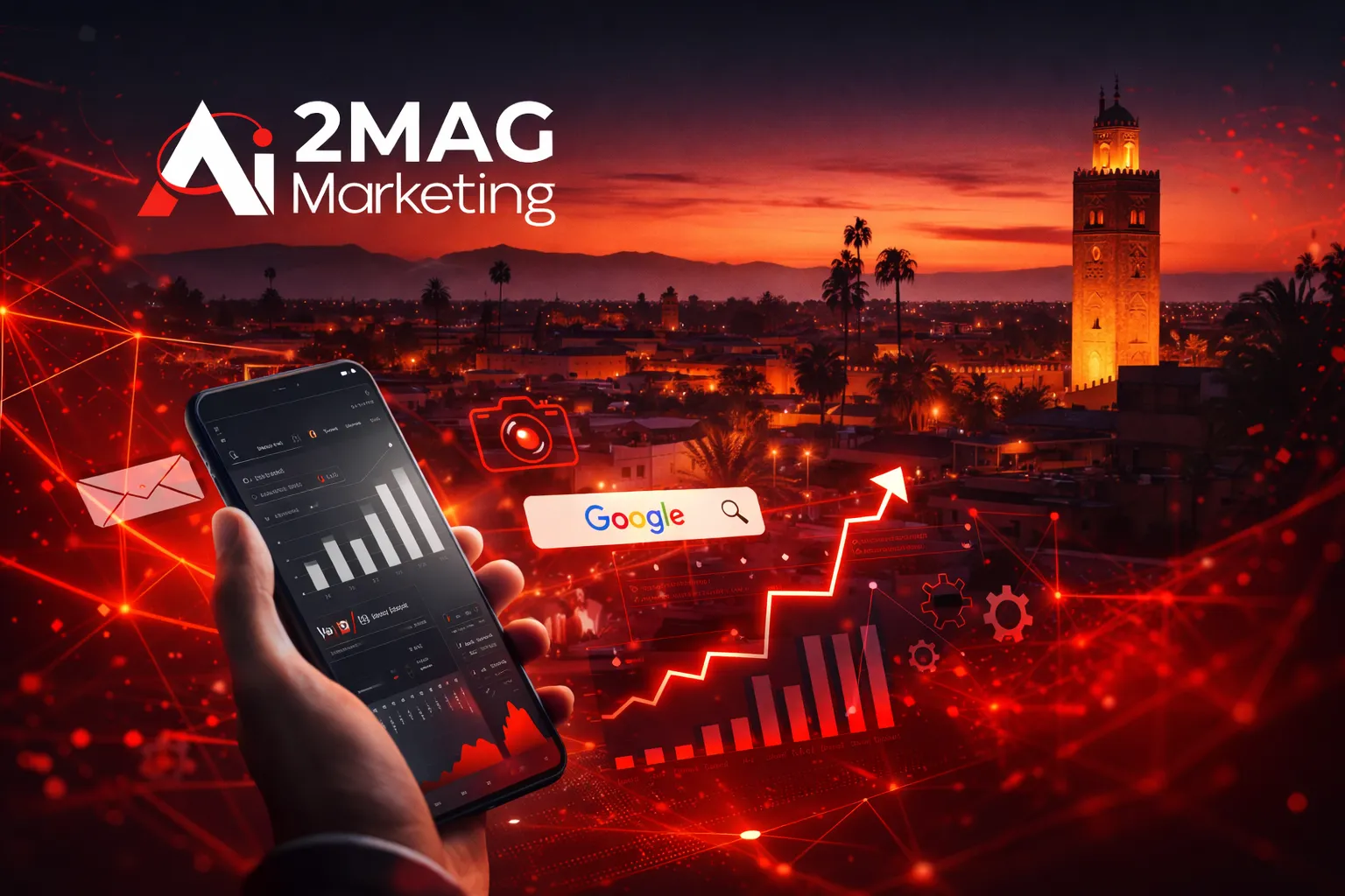 Infographie présentant les services d’une agence de communication digitale à Marrakech : SEO, branding, production photo/vidéo, marketing digital, réseaux sociaux, développement web et influence marketing avec 2MAG
