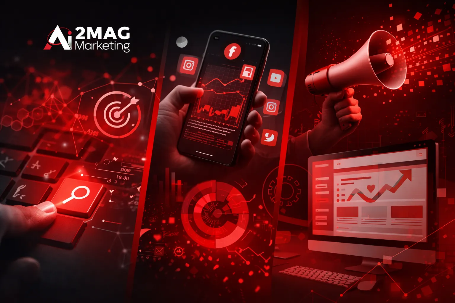 Infographie présentant une agence de communication à Casablanca : branding, réseaux sociaux, SEO, production photo vidéo, design graphique et marketing digital