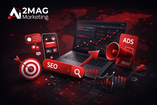 Infographie illustrant 10 stratégies digitales performantes pour PME : SEO local, tunnels de conversion, contenu expert, social media orienté business, publicité ciblée, email marketing, retargeting, branding cohérent, mix SEO + Ads, accompagnement stratégique par agence