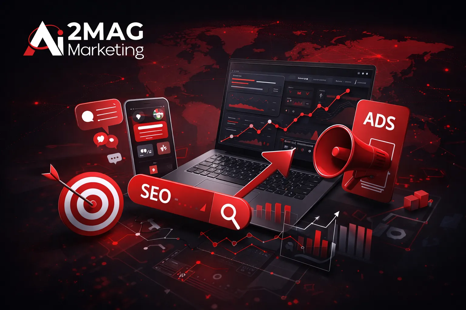 Infographie présentant une agence de marketing digital à Casablanca : SEO, publicité en ligne, réseaux sociaux, développement web, branding et génération de leads