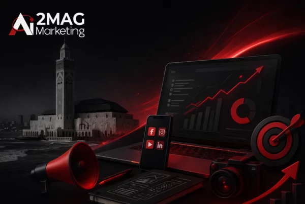 Infographie présentant les services d’une agence de communication digitale à Casablanca : SEO, branding, production photo/vidéo, marketing digital, réseaux sociaux, développement web et influence marketing avec 2MAG