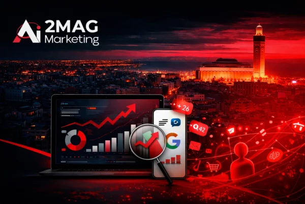 Infographie illustrant une agence de marketing digital à Casablanca Maroc : SEO, Google Ads, Meta Ads, réseaux sociaux, analyse des données et optimisation des conversions