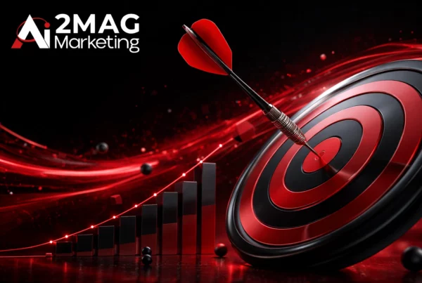 Infographie illustrant une stratégie de présence digitale : site web, SEO, marketing de contenu et réseaux sociaux pour améliorer la visibilité en ligne