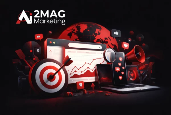 Dashboard marketing digital avec graphiques de performance, réseaux sociaux, données analytiques et stratégie multicanale.