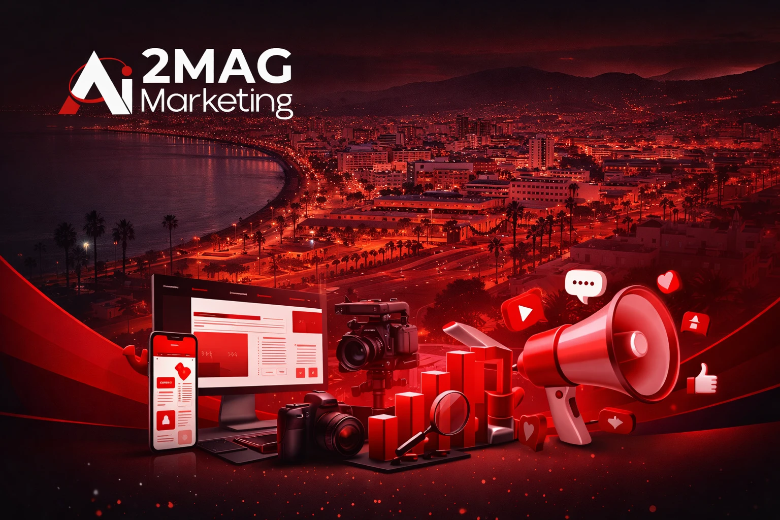 Infographie présentant les services d’une agence de communication digitale à Nador : SEO, branding, production photo/vidéo, marketing digital, réseaux sociaux, développement web et influence marketing avec 2MAG