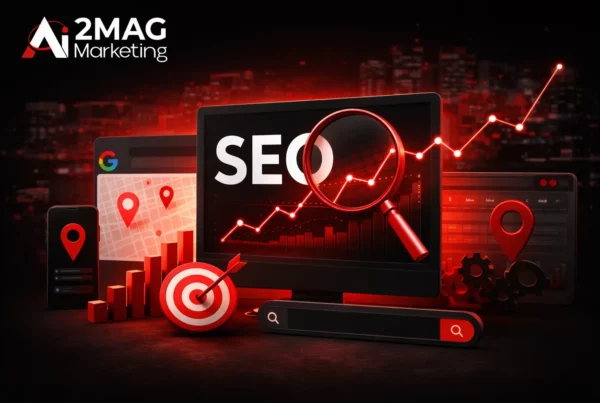 Interface SEO futuriste avec intelligence artificielle, recherche vocale, graphiques de données et optimisation web sur écran.