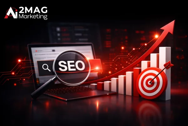 Interface digitale avec graphiques SEO, icônes d’intelligence artificielle, analyse de données et optimisation web sur écran.
