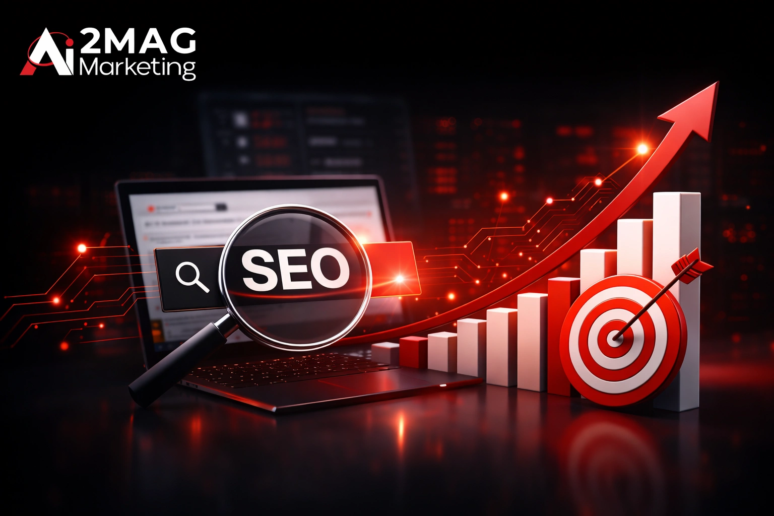 Interface digitale avec graphiques SEO, icônes d’intelligence artificielle, analyse de données et optimisation web sur écran.