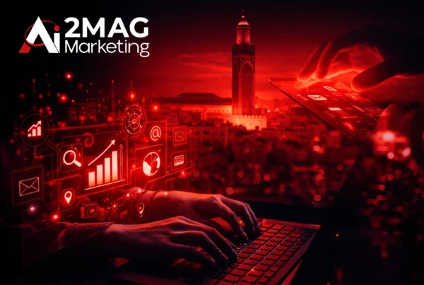 Infographie illustrant les services d’une agence de communication digitale à Casablanca Maroc : branding, réseaux sociaux, création de contenu, design et stratégie digitale