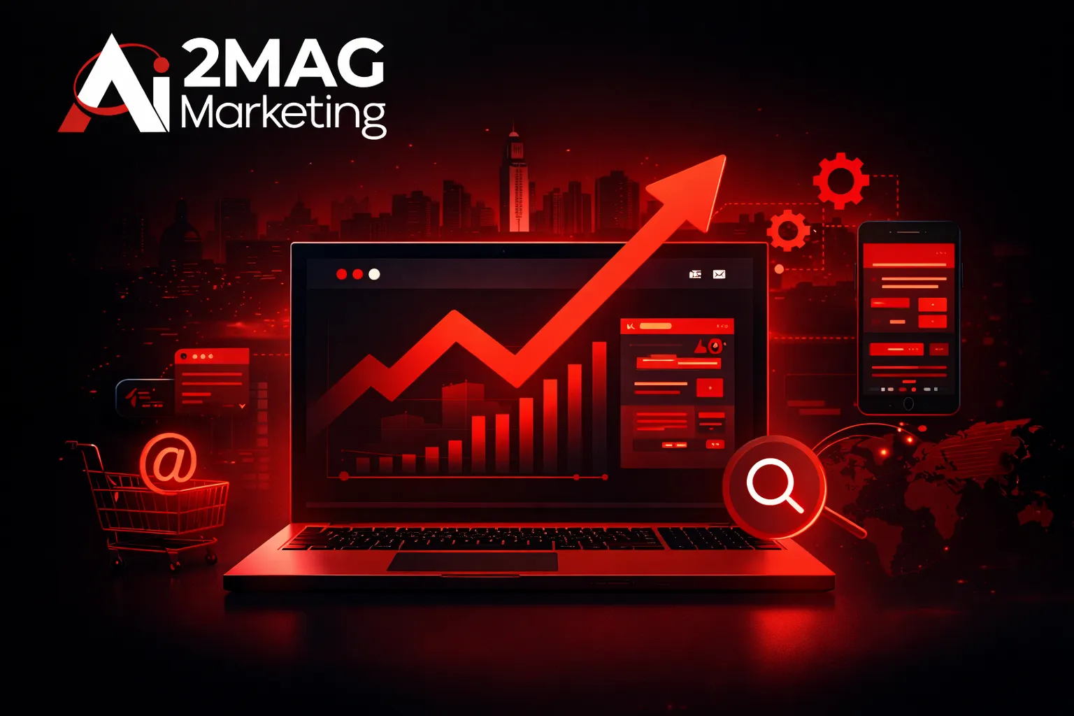 Infographie présentant une agence de marketing digital au Maroc : SEO, publicité digitale, développement web, branding, influence marketing et stratégie digitale