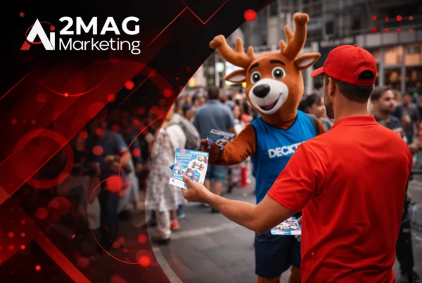 Campagne de street marketing Decathlon Maroc avec distribution de tracts, équipes terrain et mascottes dans plusieurs villes pour renforcer la visibilité de la marque