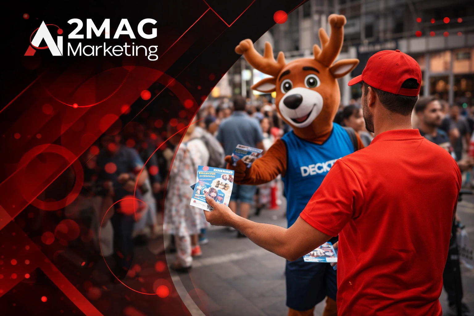 Campagne de street marketing Decathlon Maroc avec distribution de tracts, équipes terrain et mascottes dans plusieurs villes pour renforcer la visibilité de la marque