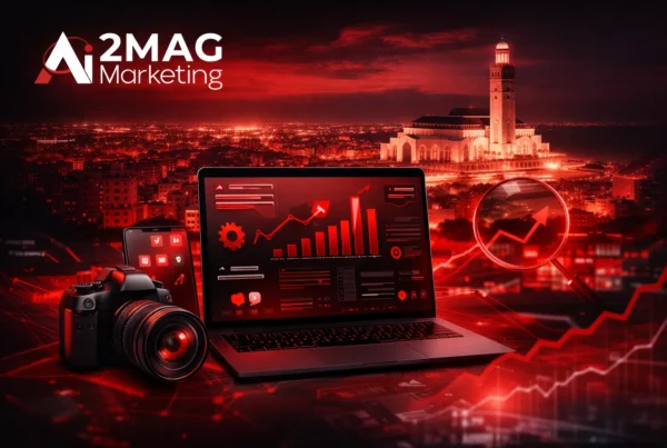 Infographie présentant une agence digitale à Casablanca : SEO, réseaux sociaux, développement web, branding, publicité digitale et production de contenu