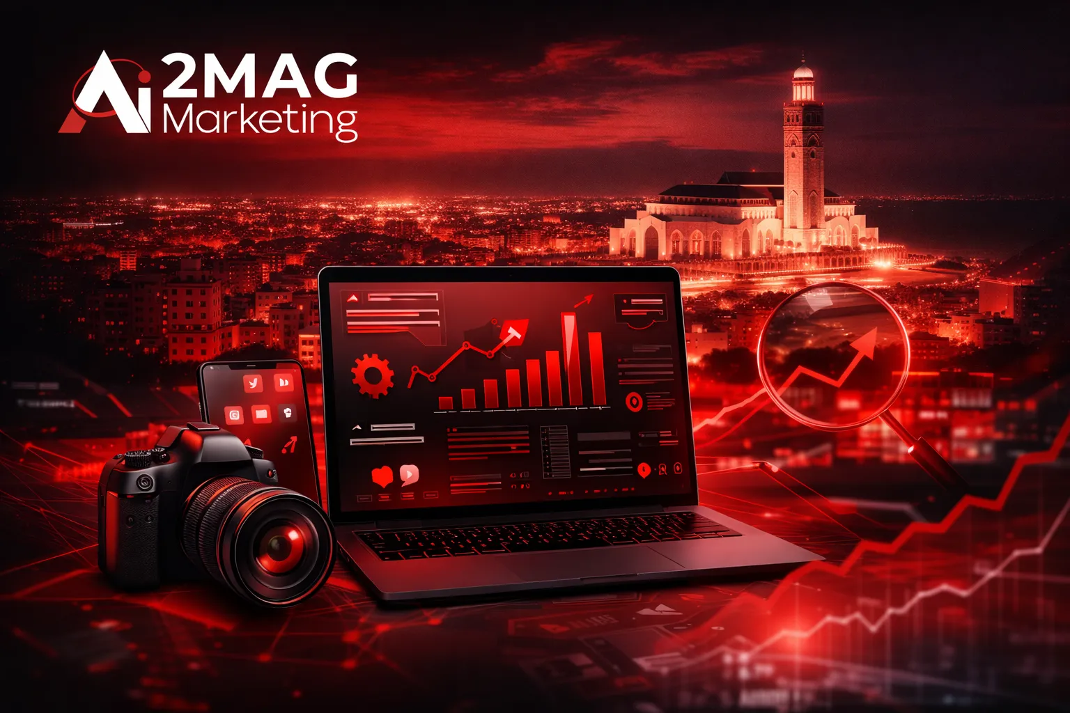 Infographie présentant une agence digitale à Casablanca : SEO, réseaux sociaux, développement web, branding, publicité digitale et production de contenu