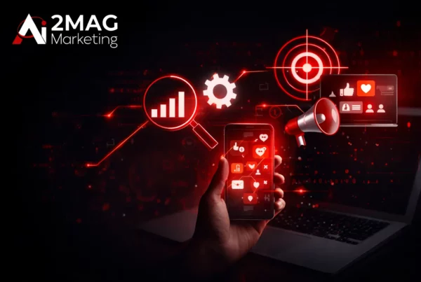 Illustration du marketing digital avec SEO, réseaux sociaux, intelligence artificielle, email marketing et analyse de données