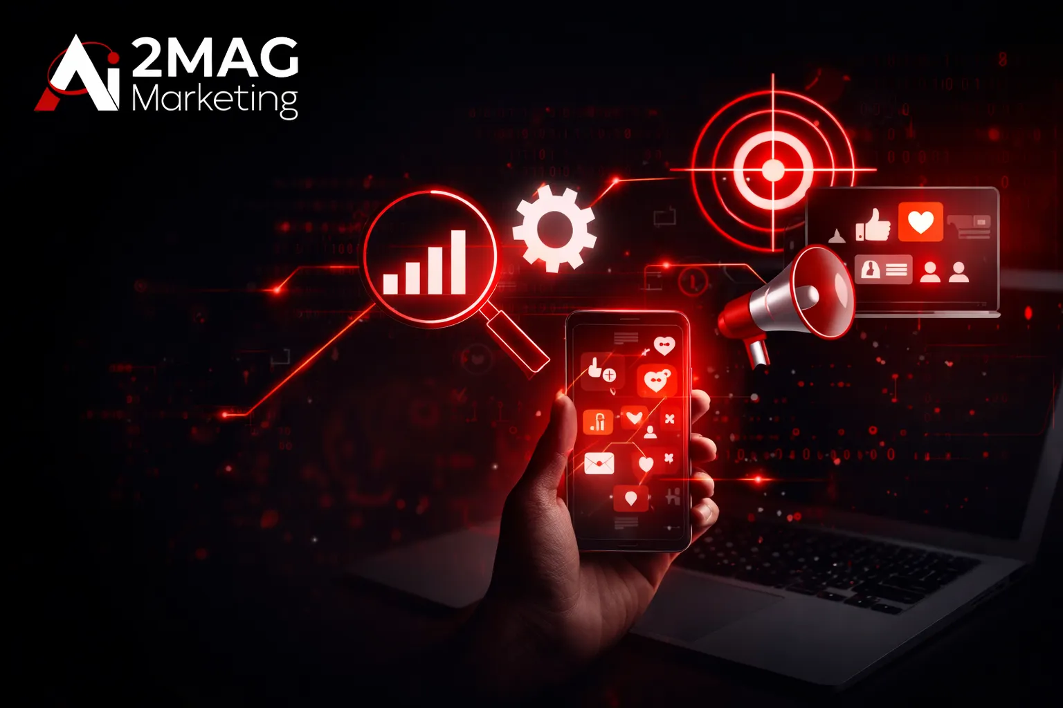 Illustration du marketing digital avec SEO, réseaux sociaux, intelligence artificielle, email marketing et analyse de données