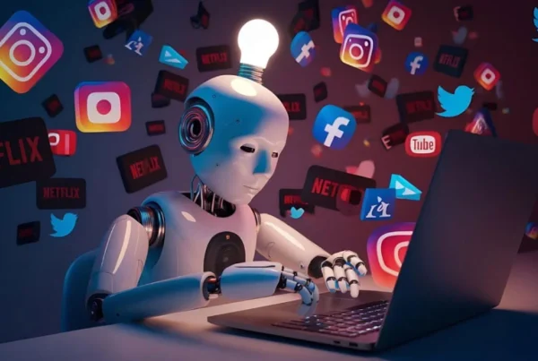 Graphique représentant l’intelligence artificielle intégrée aux réseaux sociaux, montrant l’analyse de données, la génération de contenu et l’optimisation des campagnes marketing.