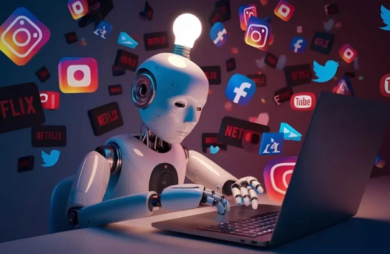Graphique représentant l’intelligence artificielle intégrée aux réseaux sociaux, montrant l’analyse de données, la génération de contenu et l’optimisation des campagnes marketing.