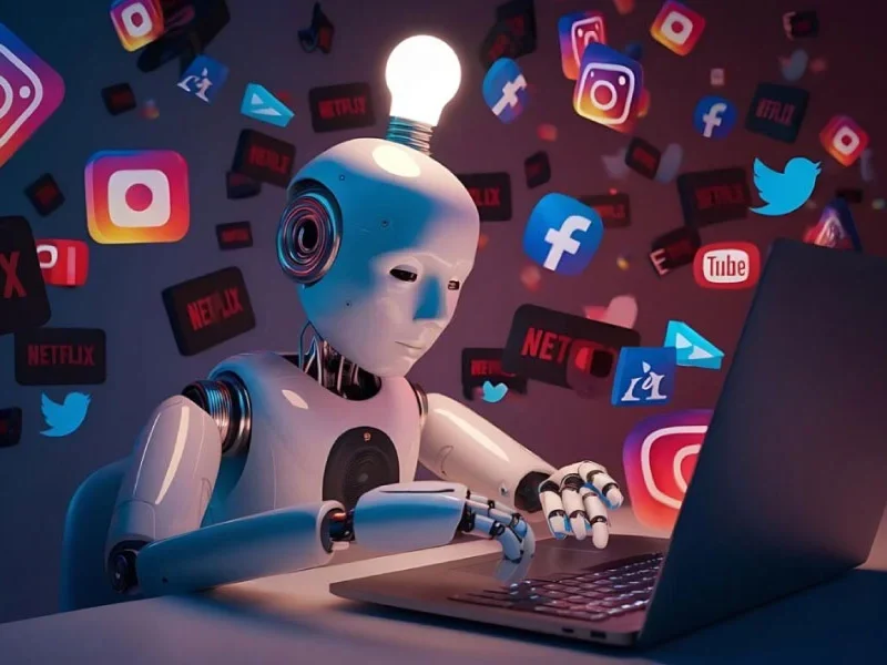 Graphique représentant l’intelligence artificielle intégrée aux réseaux sociaux, montrant l’analyse de données, la génération de contenu et l’optimisation des campagnes marketing.