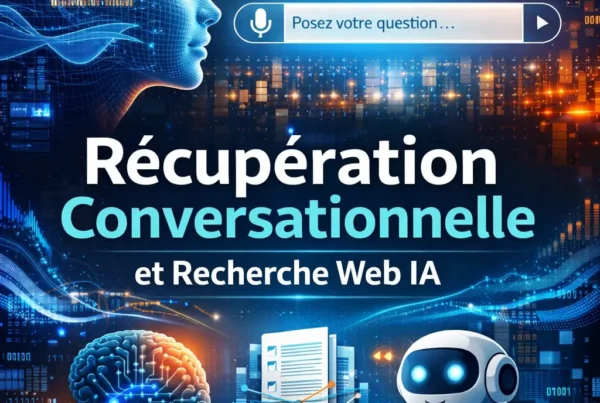 Illustration de la récupération conversationnelle et de la recherche web par intelligence artificielle avec agent IA et interface vocale.