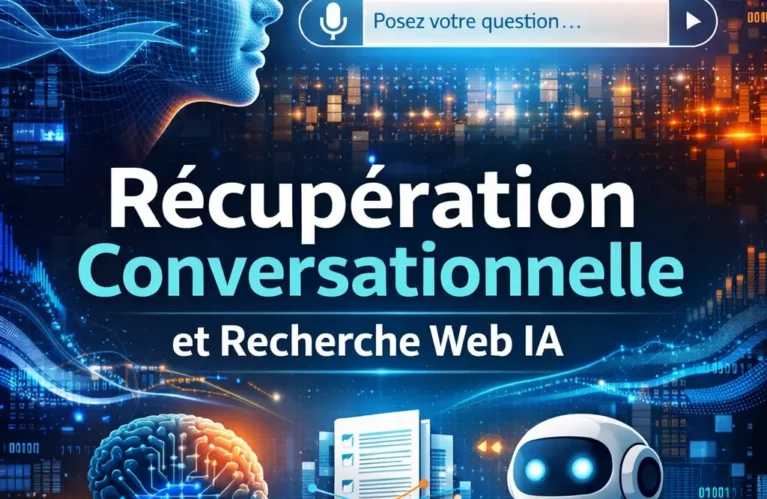 Illustration de la récupération conversationnelle et de la recherche web par intelligence artificielle avec agent IA et interface vocale.