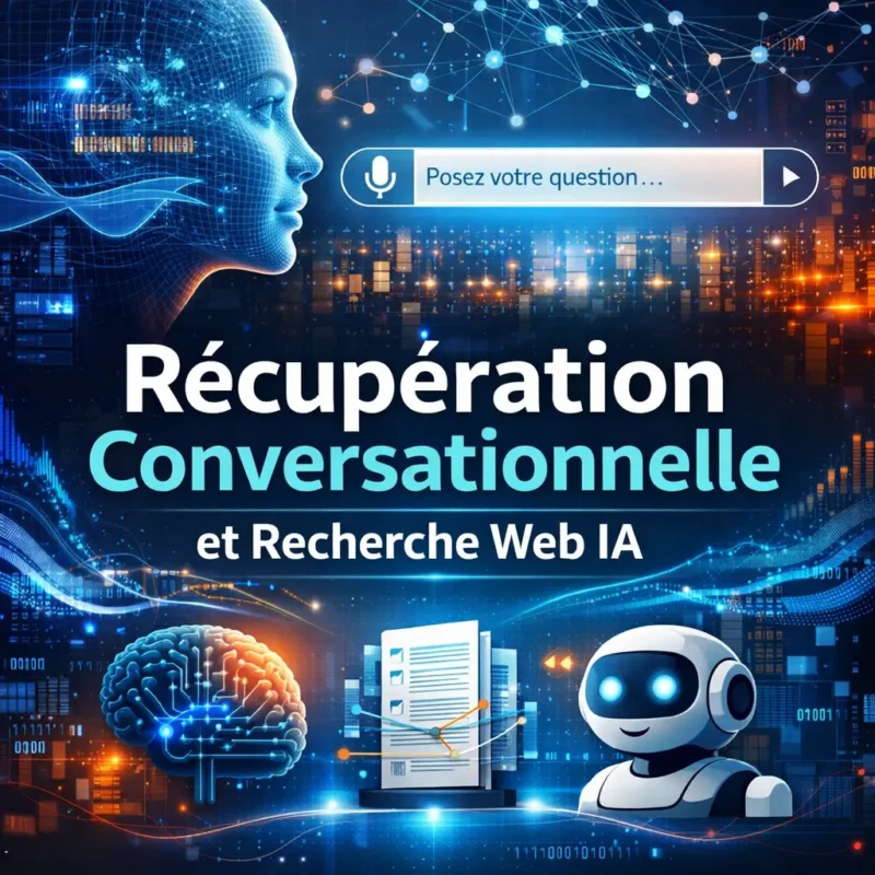 Illustration de la récupération conversationnelle et de la recherche web par intelligence artificielle avec agent IA et interface vocale.