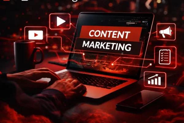 Illustration d’une stratégie de content marketing avec étapes clés : audience cible, création de contenu, objectifs, tunnel de conversion et génération de leads