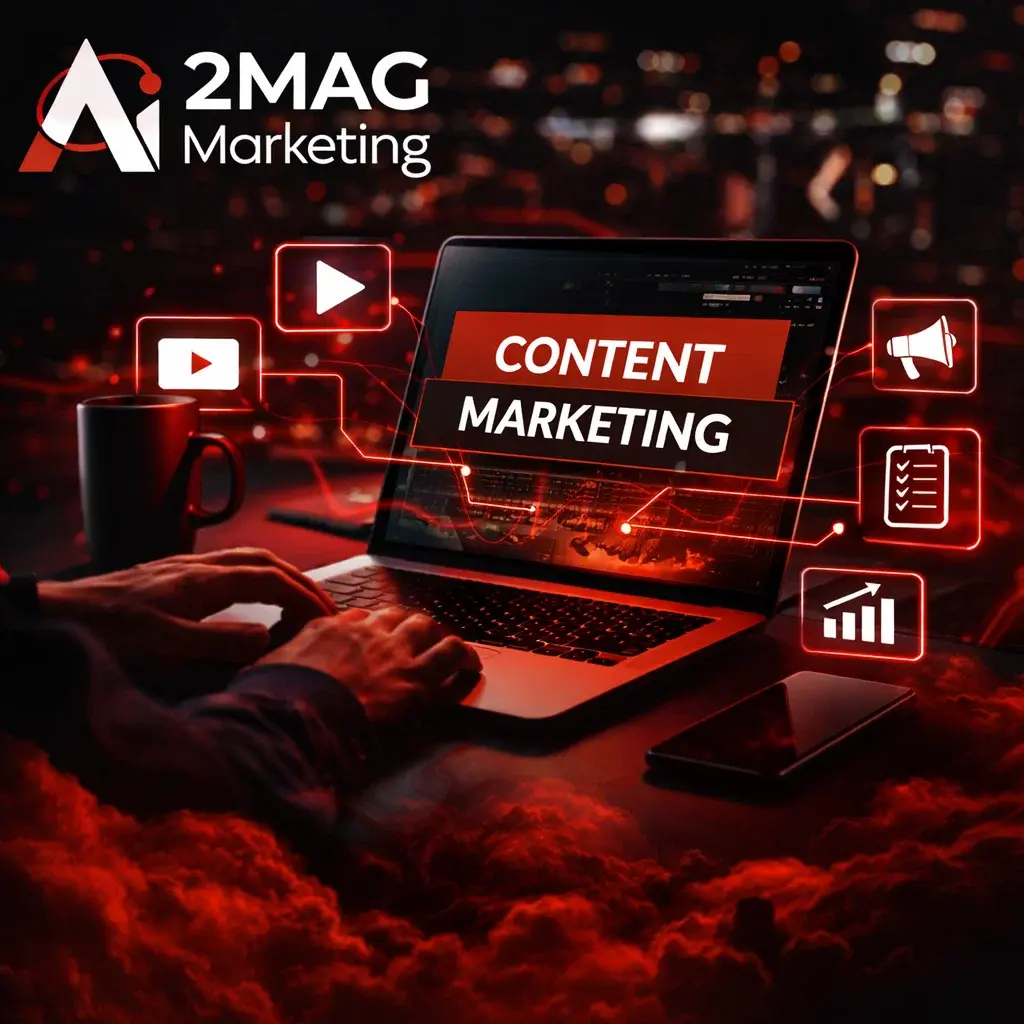 Illustration d’une stratégie de content marketing avec étapes clés : audience cible, création de contenu, objectifs, tunnel de conversion et génération de leads