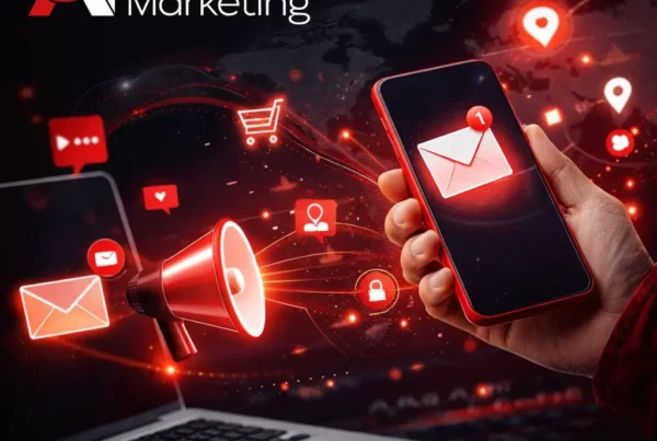 Concept marketing digital montrant l’email marketing intégré avec réseaux sociaux, SMS et publicité en ligne pour une stratégie multicanal efficace