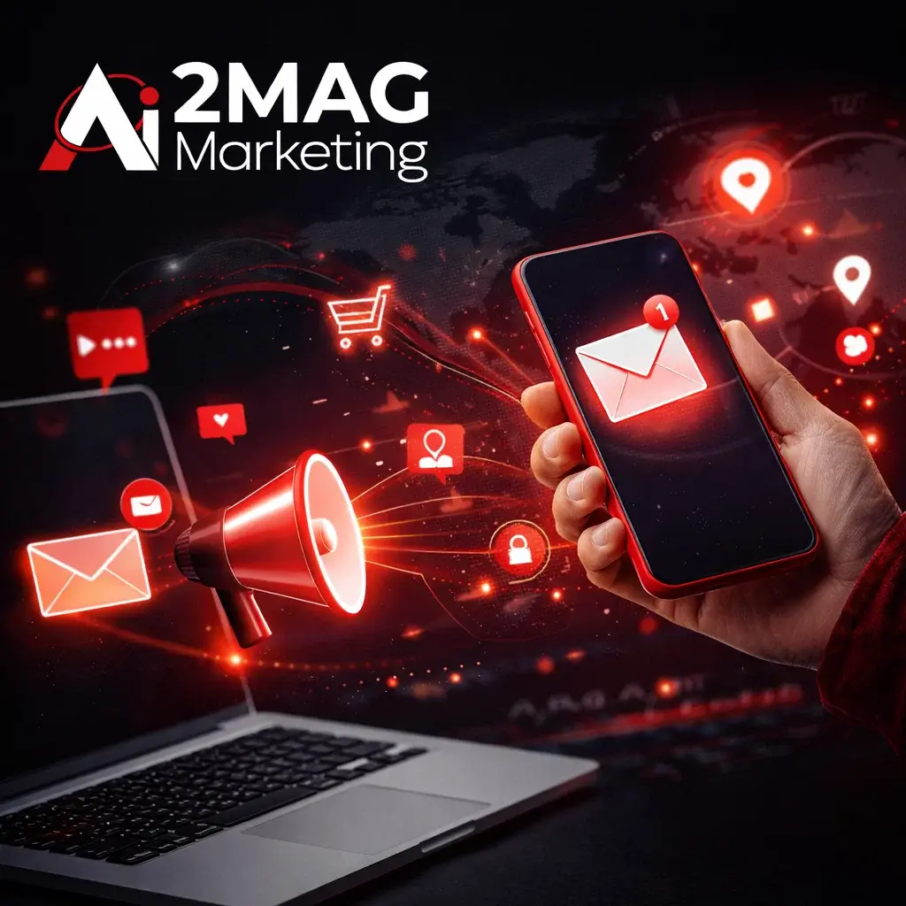 Concept marketing digital montrant l’email marketing intégré avec réseaux sociaux, SMS et publicité en ligne pour une stratégie multicanal efficace
