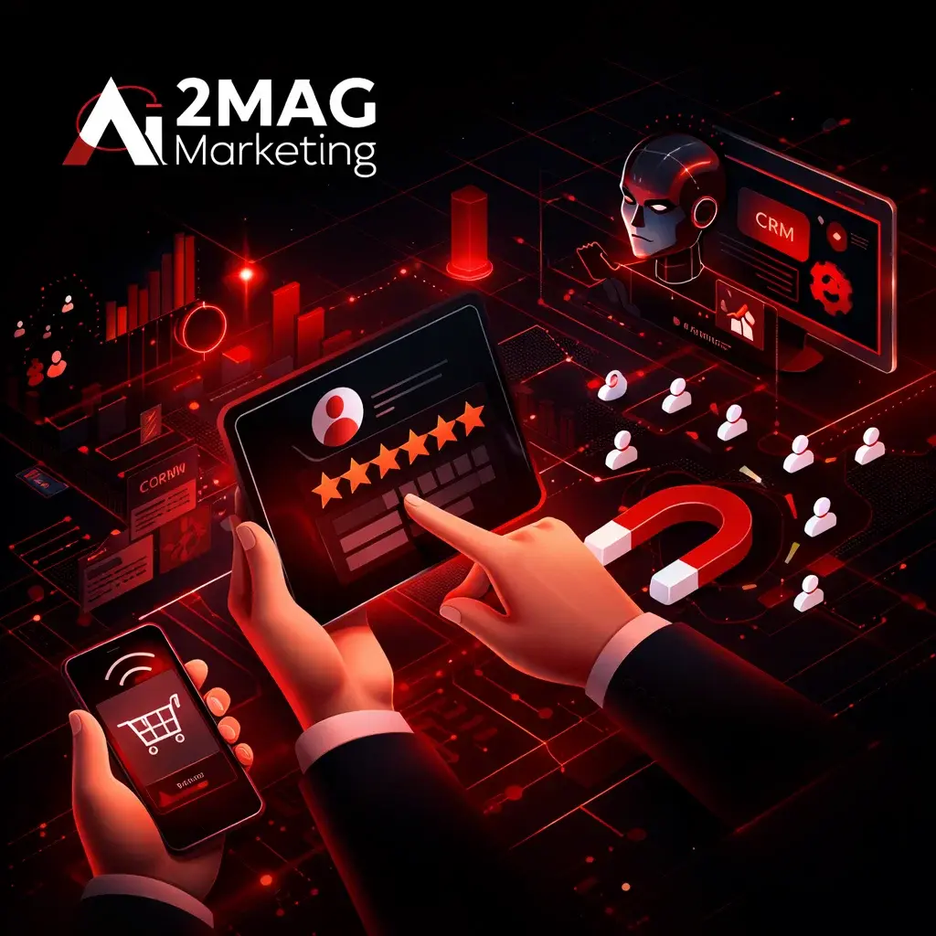 Parcours client digital illustré avec interface mobile, site web et points de contact optimisés pour améliorer l’expérience utilisateur et la conversion