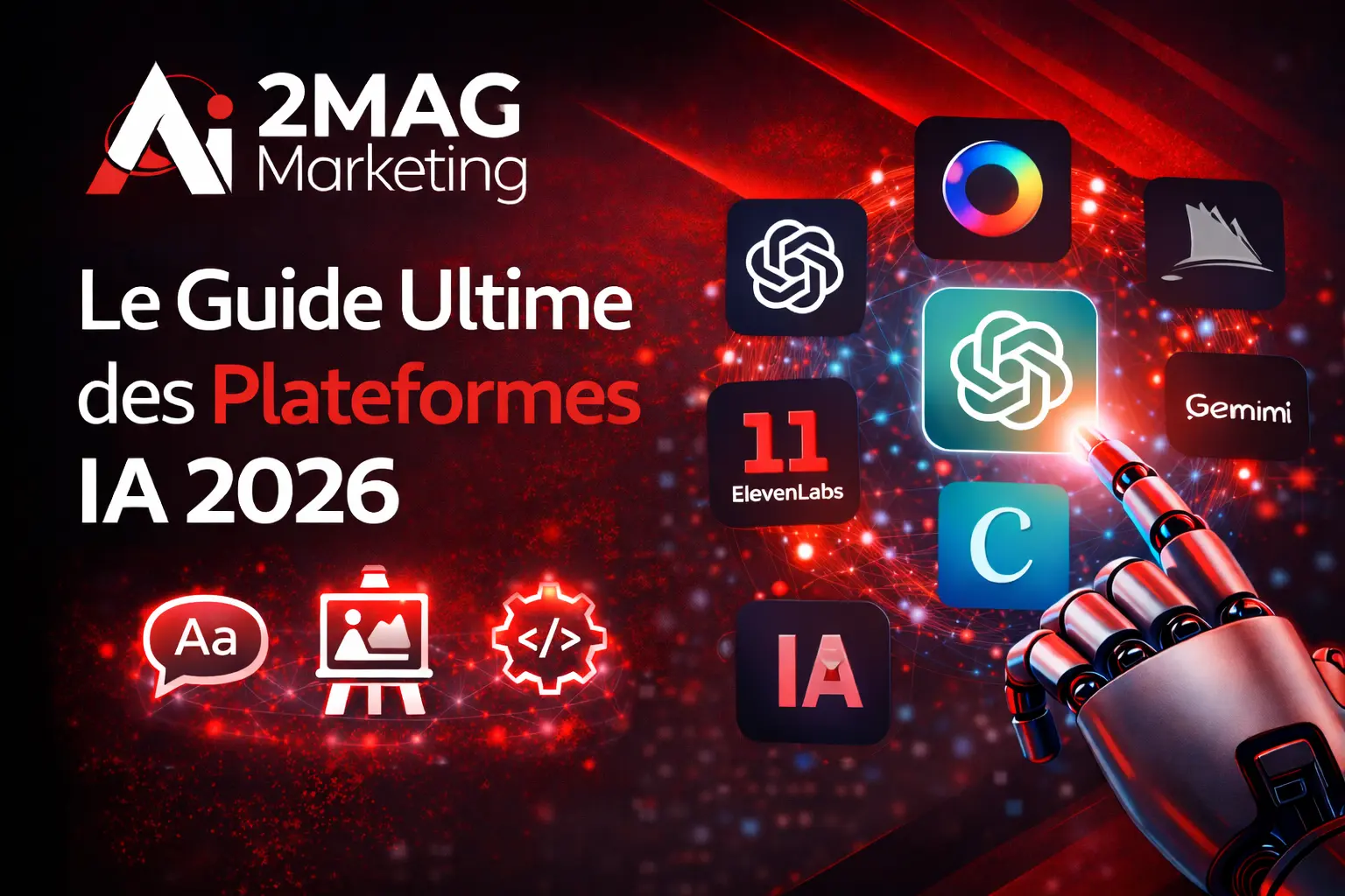 Guide Complet des Plateformes IA 2026 par 2MAG Marketing, visuel noir et rouge illustrant les principales plateformes d’intelligence artificielle pour le texte, l’image, la vidéo, l’audio et l’automatisation.