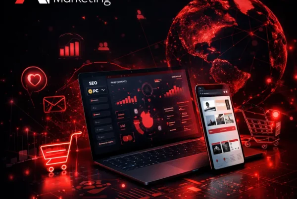 Illustration du webmarketing avec stratégies digitales, engagement client en ligne, personnalisation, collecte de données et canaux marketing comme SEO, PPC et réseaux sociaux