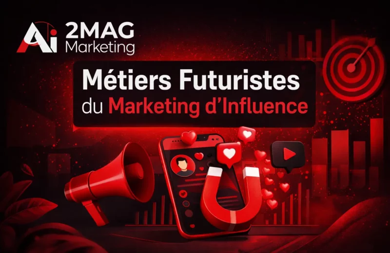 Visuel marketing noir et rouge avec le logo 2MAG Marketing, un smartphone, un mégaphone, un aimant d’engagement et des graphiques symbolisant les métiers futuristes du marketing d’influence.