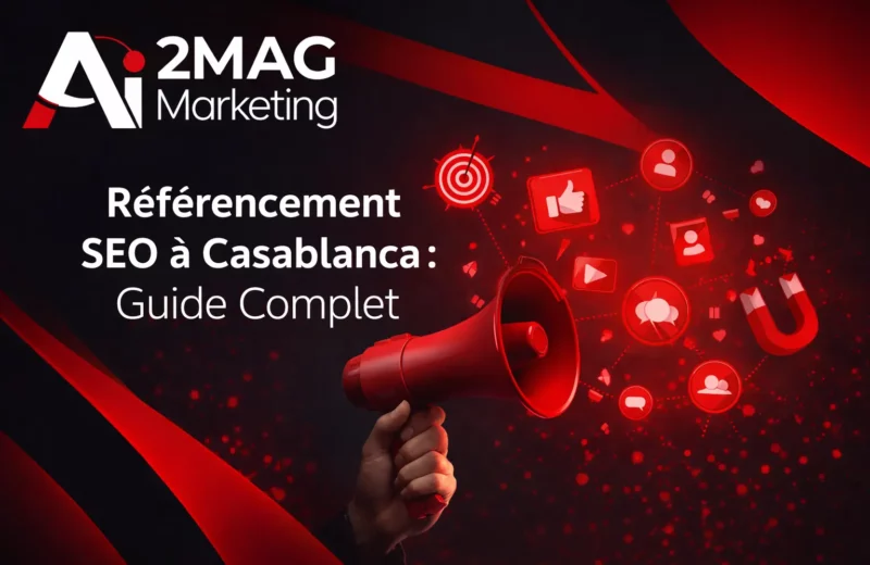 Image promotionnelle noir et rouge de 2MAG Marketing illustrant le référencement SEO à Casablanca avec smartphone, graphique de croissance, icônes réseaux sociaux et texte "Référencement SEO à Casablanca : Guide Complet".