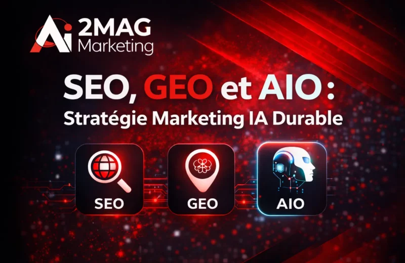 Visuel SEO, GEO et AIO par 2MAG Marketing en noir et rouge illustrant une stratégie marketing digitale durable basée sur l’intelligence artificielle.