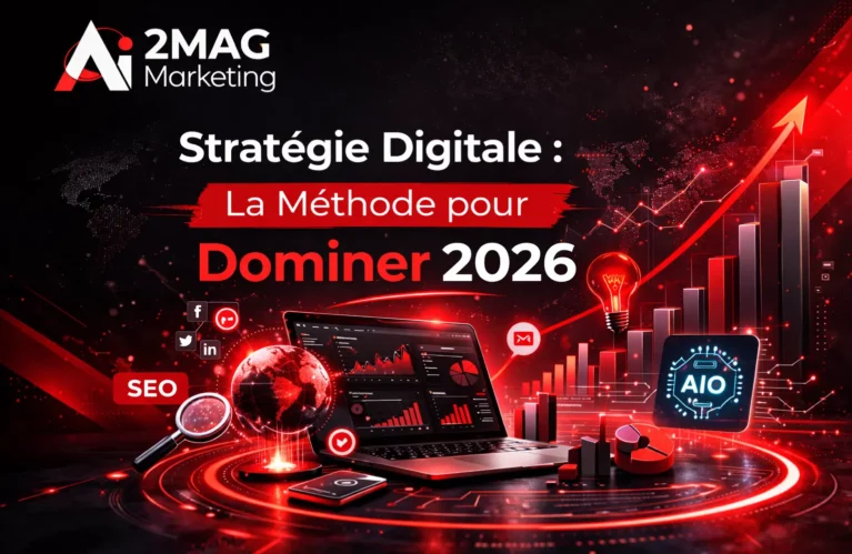 Visuel marketing noir et rouge avec le logo 2MAG Marketing, un smartphone, un mégaphone, un aimant d’engagement et des graphiques symbolisant les métiers futuristes du marketing d’influence.