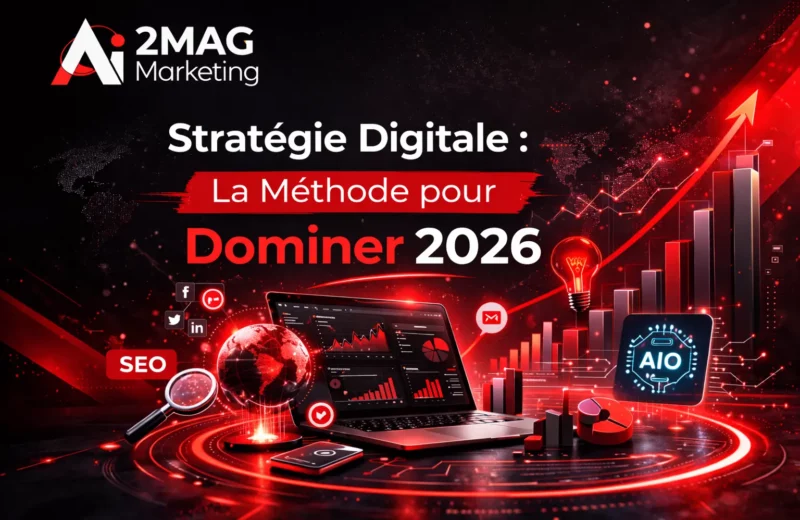 Visuel marketing noir et rouge avec le logo 2MAG Marketing, un smartphone, un mégaphone, un aimant d’engagement et des graphiques symbolisant les métiers futuristes du marketing d’influence.