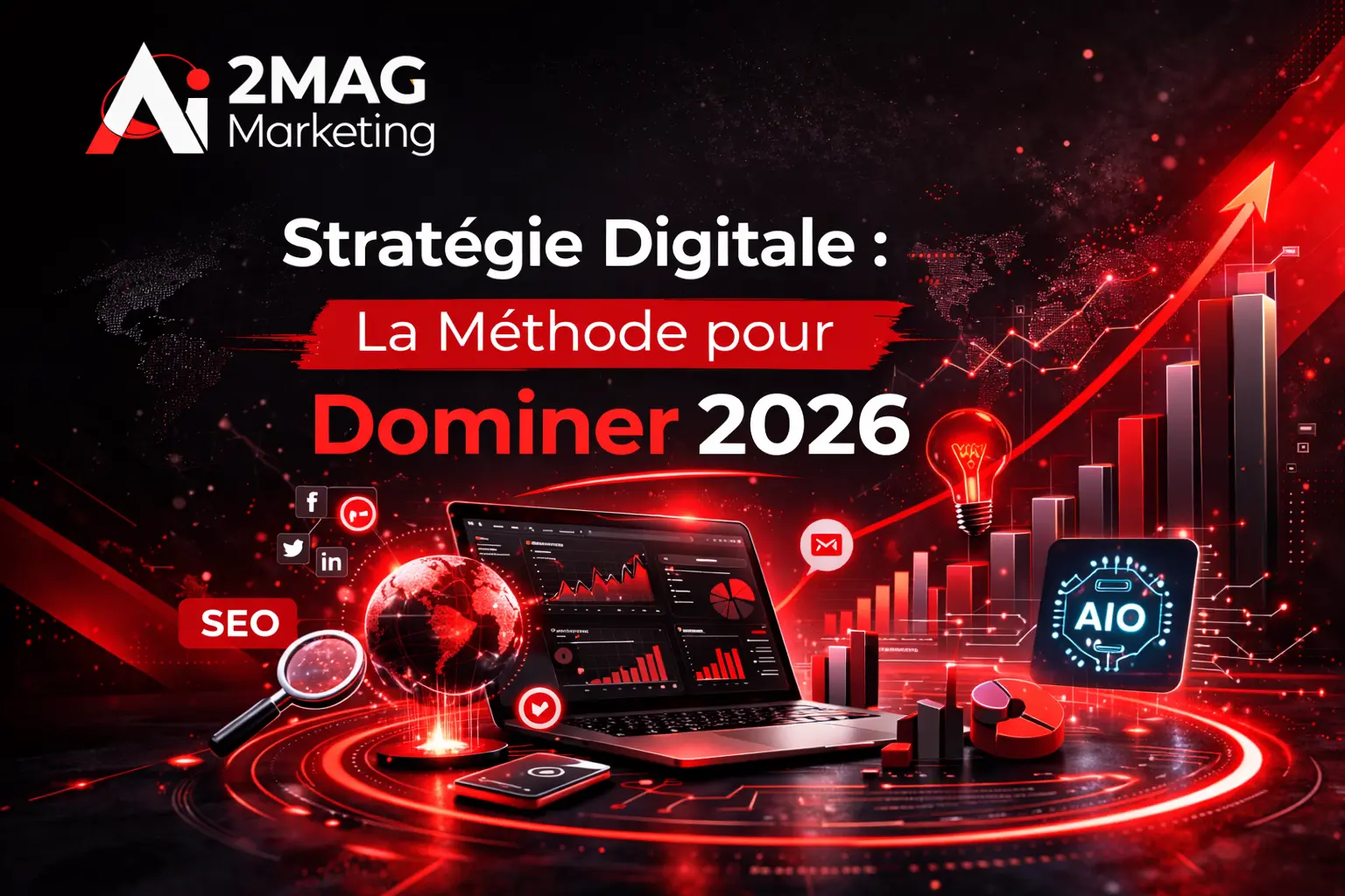 Visuel marketing noir et rouge avec le logo 2MAG Marketing, un smartphone, un mégaphone, un aimant d’engagement et des graphiques symbolisant les métiers futuristes du marketing d’influence.