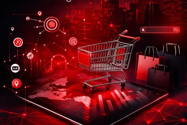 Interface marketing digital montrant e-commerce, analyse de données, réseaux sociaux et gestion omnicanale pour la distribution